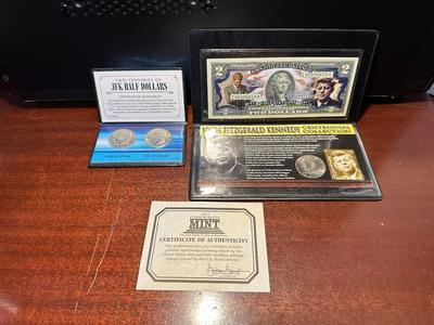 JFK HALF DOLLAR, STAMP AND $2 BILL AND 1980/2020 JFK HALF DOLLARS