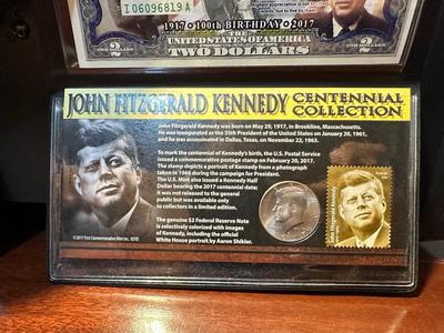 JFK HALF DOLLAR, STAMP AND $2 BILL AND 1980/2020 JFK HALF DOLLARS