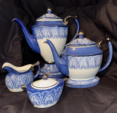 Gold Trimmed Blue & White Bombay Coffee Tea Set