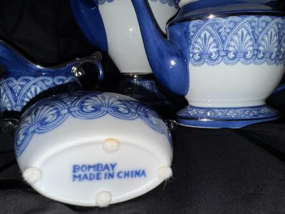 Gold Trimmed Blue & White Bombay Coffee Tea Set