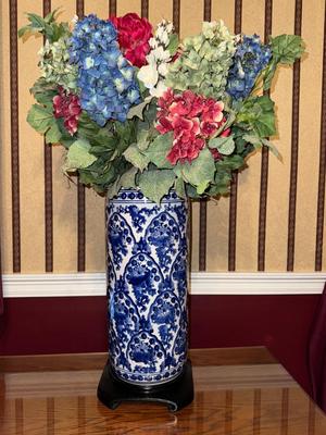 Large Cylindrical Blue and White Vase with Dried Flowers