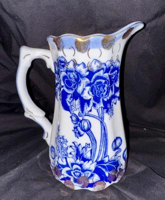 Antique Ironstone Victoria Ware Gold Thumbprint Blue and White Pitcher