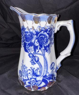 Antique Ironstone Victoria Ware Gold Thumbprint Blue and White Pitcher