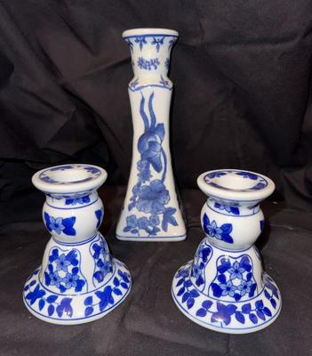3 Blue and White Candlestick Holders
