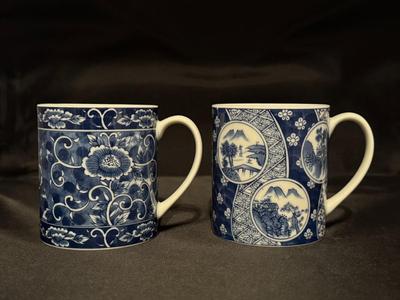 2 Vintage Takahashi Japan Asian Blue & White Floral Mugs