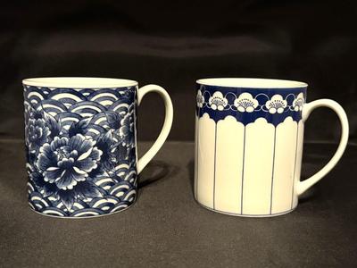 2 Vintage Takahashi Japan Asian Blue & White Floral and Striped Mug Set