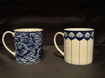 2 Vintage Takahashi Japan Asian Blue & White Floral and Striped Mug Set