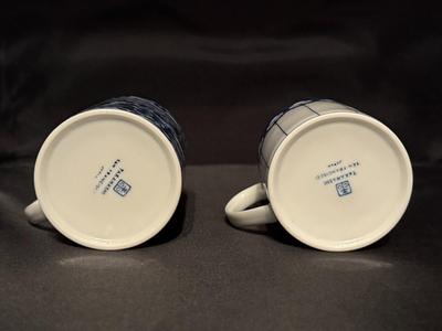 2 Vintage Takahashi Japan Asian Blue & White Floral and Striped Mug Set
