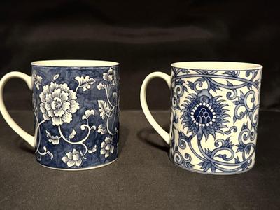 2 Vintage Takahashi Japan Asian Blue & White Floral Mug Set