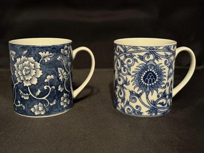 2 Vintage Takahashi Japan Asian Blue & White Floral Mug Set