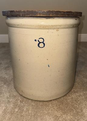 Antique Stoneware 8 Gallon Crock with Original Handpainted Lid