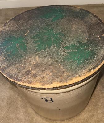 Antique Stoneware 8 Gallon Crock with Original Handpainted Lid