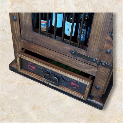 Sale Photo Thumbnail #58: Rustic Wooden Locking Wine Cabinet (Contents Not Included)  featuring a metal bar door and a bottom drawer.
M'Ments: 
Height 79"
Width 30"
Depth 18"