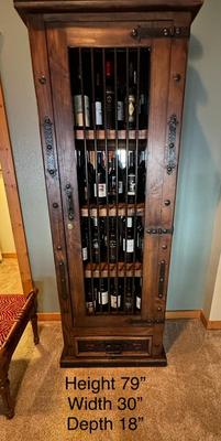 Sale Photo Thumbnail #60: Rustic Wooden Locking Wine Cabinet (Contents Not Included)  featuring a metal bar door and a bottom drawer.
M'Ments: 
Height 79"
Width 30"
Depth 18"