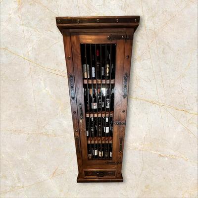 Sale Photo Thumbnail #59: Rustic Wooden Locking Wine Cabinet (Contents Not Included)  featuring a metal bar door and a bottom drawer.
M'Ments: 
Height 79"
Width 30"
Depth 18"