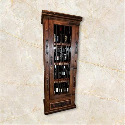 Sale Photo Thumbnail #53: Rustic Wooden Locking Wine Cabinet (Contents Not Included)  featuring a metal bar door and a bottom drawer.
M'Ments: 
Height 79"
Width 30"
Depth 18"