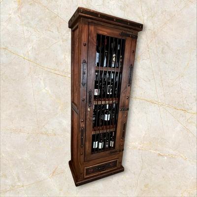 Sale Photo Thumbnail #54: Rustic Wooden Locking Wine Cabinet (Contents Not Included)  featuring a metal bar door and a bottom drawer.
M'Ments: 
Height 79"
Width 30"
Depth 18"