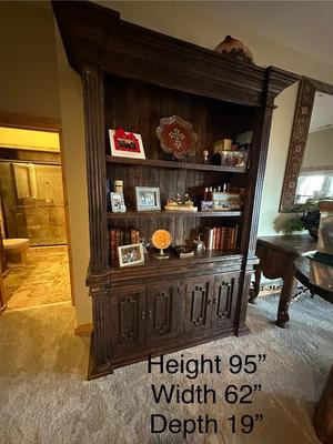 Sale Photo Thumbnail #66: Wood Wall Unit with Shelves & Cabinets (2 Pieces) Contents Not Included
Must be moved up a staircase.
M'ments:
Height 95"
Width 62"
Depth 19"