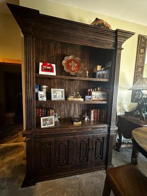 Sale Photo Thumbnail #61: Wood Wall Unit with Shelves & Cabinets (2 Pieces) Contents Not Included
Must be moved up a staircase.
M'ments:
Height 95"
Width 62"
Depth 19"