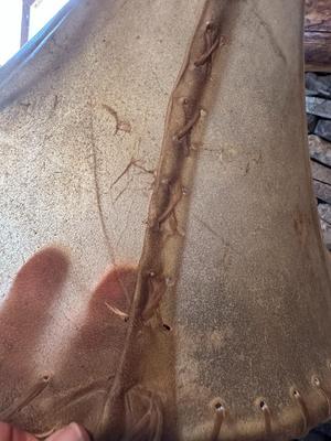 Sale Photo Thumbnail #101: Rustic Free Standing Moose Antler Table Lamp With A Rawhide Translucent Shade
34" Tall, 18" Widest Part of Base