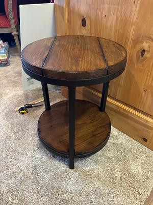 Sale Photo Thumbnail #5: Rustic Style Round Two Tier End Table with Black Metal Frame
Hammary Furniture
M'ments: 
Height 23"
Diameter 17.5"