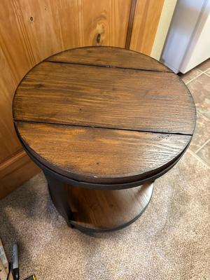 Sale Photo Thumbnail #6: Rustic Style Round Two Tier End Table with Black Metal Frame
Hammary Furniture
M'ments: 
Height 23"
Diameter 17.5"