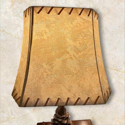 Sale Photo Thumbnail #142: Rustic Pinecone and Log Style Base Lamp with a Leather Look, Laced Shade Choice #1,
32" Tall; 5 1/2" Wide at Base