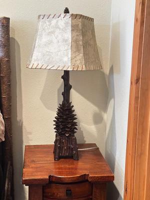 Sale Photo Thumbnail #145: Rustic Pinecone and Log Style Base Lamp with a Leather Look, Laced Shade Choice #2,
32" Tall; 5 1/2" Wide at Base