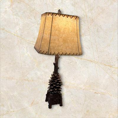 Sale Photo Thumbnail #146: Rustic Pinecone and Log Style Base Lamp with a Leather Look, Laced Shade Choice #2,
32" Tall; 5 1/2" Wide at Base