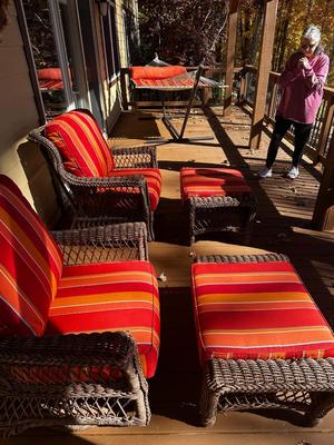 Sale Photo Thumbnail #162: Wicker Porch Swivel Glider Chair with Ottoman and Orange Cushions #1
Have been on covered porch outdoors-wear on wicker as shown in photos