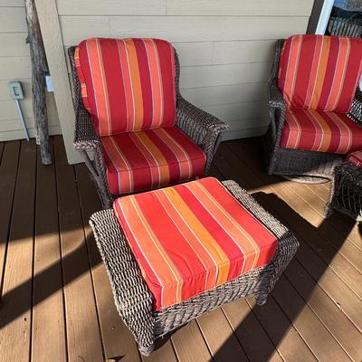 Sale Photo Thumbnail #166: Wicker Porch Swivel Glider Chair with Ottoman and Orange Cushions #1
Have been on covered porch outdoors-wear on wicker as shown in photos