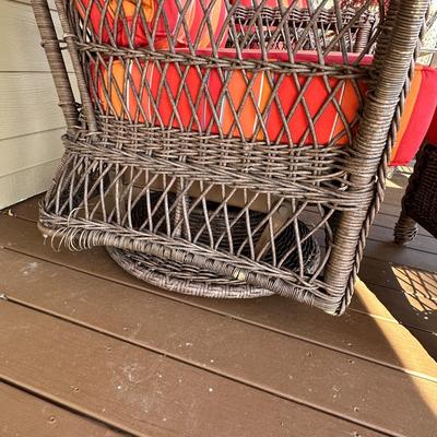 Sale Photo Thumbnail #169: Wicker Porch Swivel Glider Chair with Ottoman and Orange Cushions #1
Have been on covered porch outdoors-wear on wicker as shown in photos