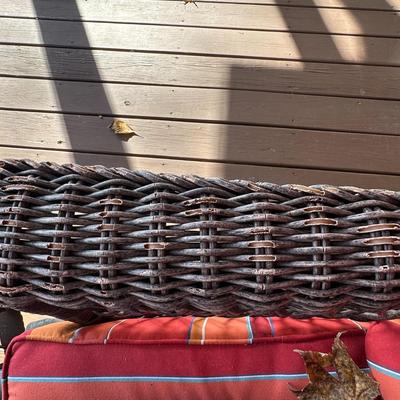 Sale Photo Thumbnail #173: Wicker Porch Swivel Glider Chair with Ottoman and Orange Cushions #1
Have been on covered porch outdoors-wear on wicker as shown in photos