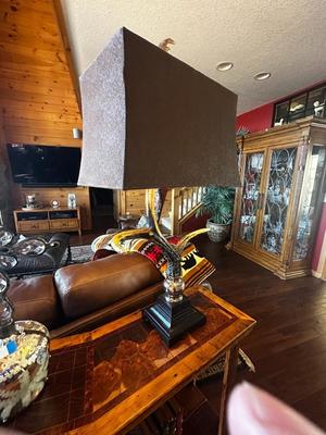 Sale Photo Thumbnail #176: Stag Horn Antler Table Lamp Choice #2  This lamp has a burnished bone ivory finish with a crackled wood tone base and cast aluminum accents   40" Tall