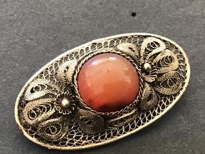 Vintage Oval Filagree Stone Brooch