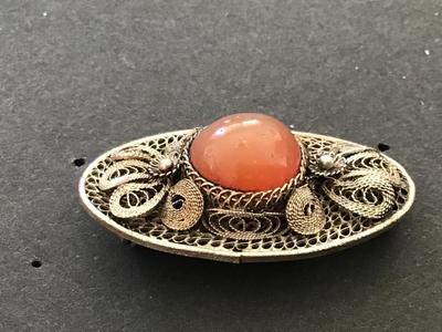Vintage Oval Filagree Stone Brooch