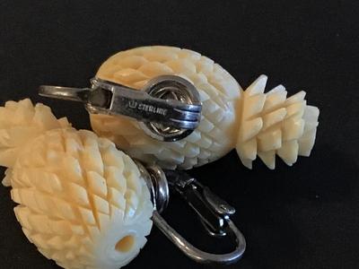 Vintage Carved Celluloid Pinapple Earrings. Marked Sterling