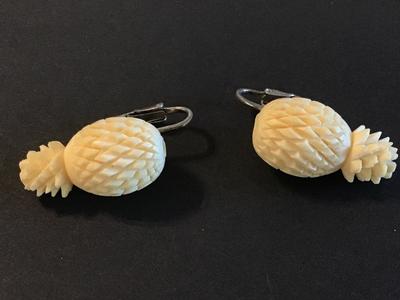 Vintage Carved Celluloid Pinapple Earrings. Marked Sterling