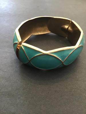 Gold tone turquoise enamel hinged bangle