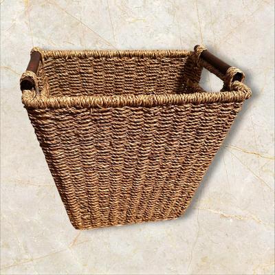 Sale Photo Thumbnail #271: Wicker Waste Basket w Wooden Handles & Woven Base- 11" Tall
Excellent condition.