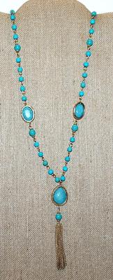 Crackled Blue JADE Style WRAP-AROUND NECKLACE with 3 SWIVEL OVALS Gold Colored DANGLE and Globe Accents on a Gold Chain and Lobster Clasp...