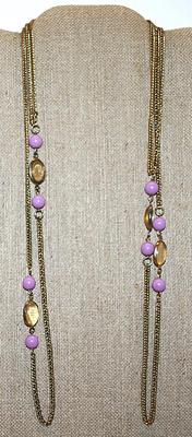 Extra Long WRAP-AROUND NECKLACE with LAVENDER Beads & Clear Oval Accents on a Gold Tone Chain and Snap Release Clasp 54" L