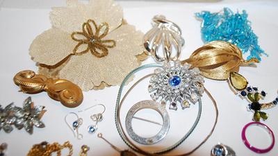 Jewelry Making/Crafts Assortment of Stones, Brooches, Etc.-- for Repair or Replacements
