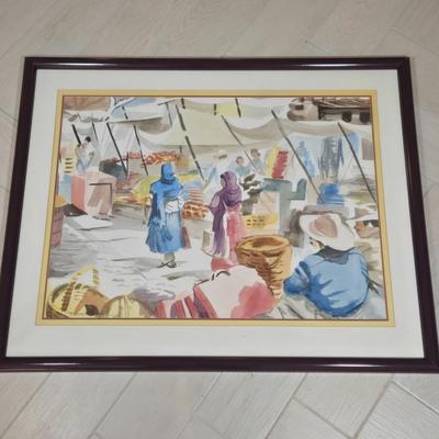 LOT 506B: Artist Signed Framed Print Depicting a Lively Market Scene