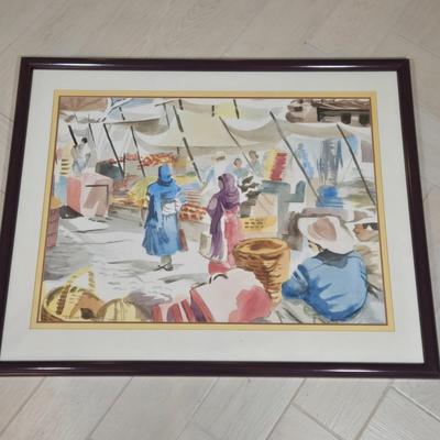 LOT 506B: Artist Signed Framed Print Depicting a Lively Market Scene