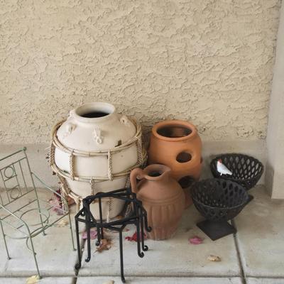 LOT 561O: Variety of Planter Pots, Plant Stands, and Cast Iron Lattice Basket Planters