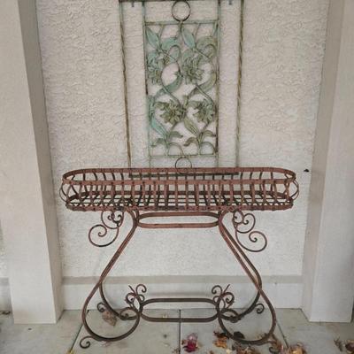 LOT 563O: Metal Plant Stand and Outdoor Wall Decor
