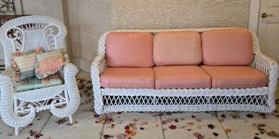 LOT 565O: Wicker Couch and Chair with Cushions