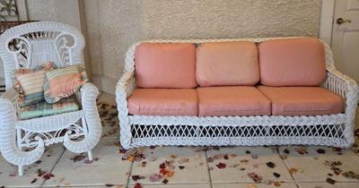 LOT 565O: Wicker Couch and Chair with Cushions