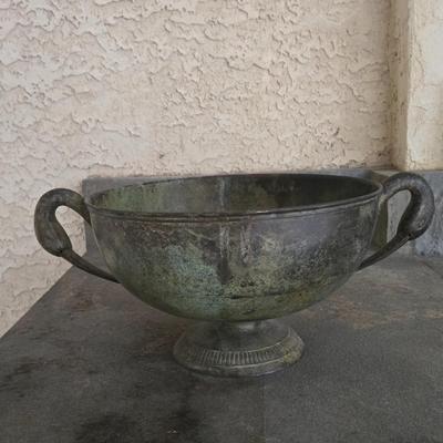 LOT 566O: Heron Statues , Cement Planter, and Metal Planter Bowl